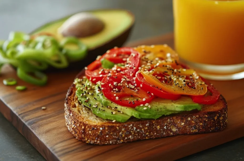 A slice of toasted whole-grain bread topped with mashed avocado, sliced bell peppers in vibrant colors, and a sprinkle of sesame seeds. The toast is served on a wooden board with a side of fresh orange juice.
