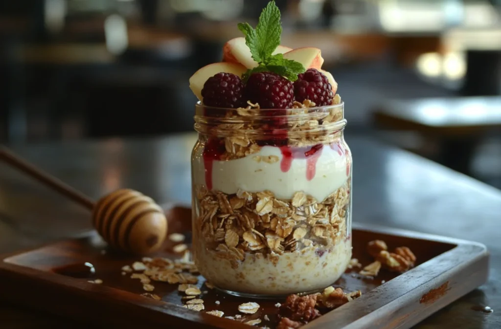 Bircher muesli with oats, yogurt, apples, and fresh berries.