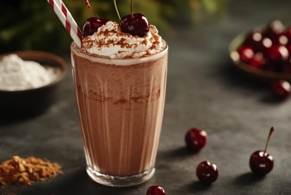 A tall glass of cherry protein shake with a frothy top, garnished with fresh cherries and a striped straw. The setting includes scattered cherries and a small scoop of protein powder.