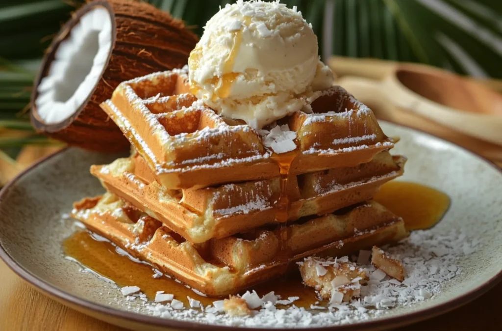 Healthy breakfast,
Whole-wheat waffles with coconut, vanilla ice cream, and syrup.