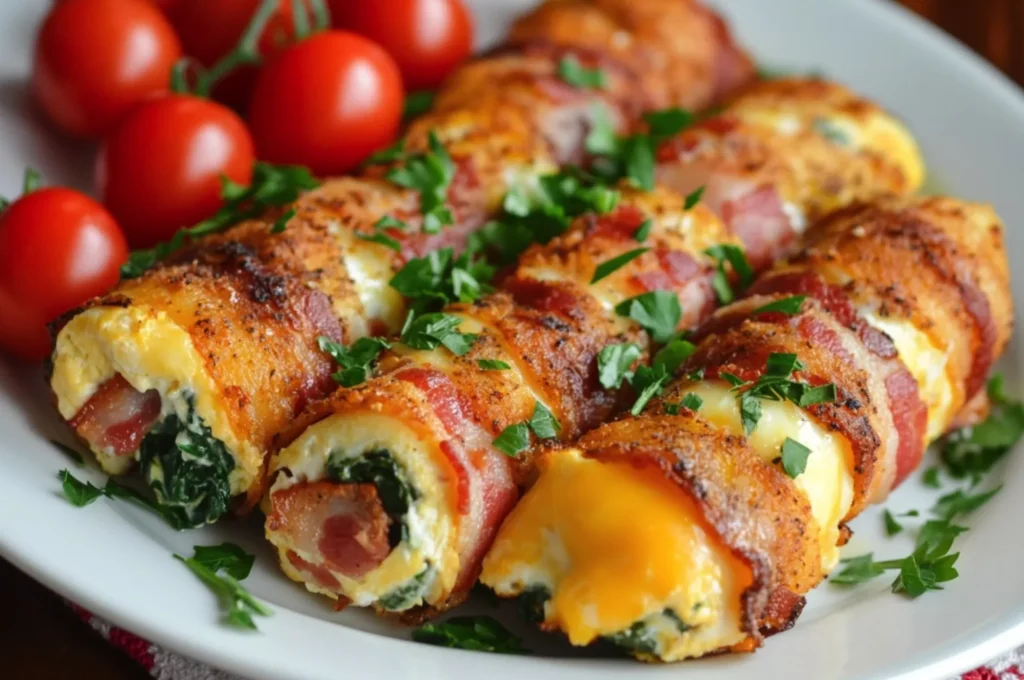 Healthy breakfast, Egg rollups with bacon, cheese, and spinach.