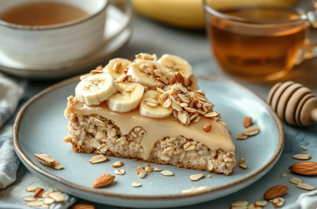 Honey-baked oatmeal with bananas and almond sauce.