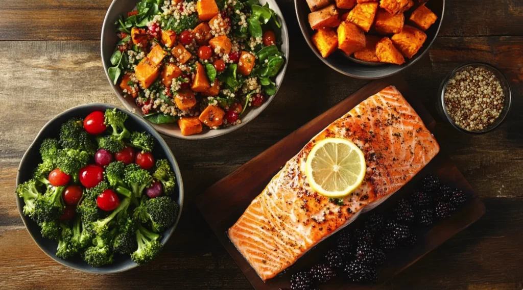 An artistic arrangement of a colorful, nutritious dinner.