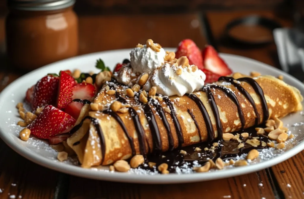 Healthy breakfast, Golden crepes with peanut butter and chocolate filling, garnished with strawberries and peanuts.