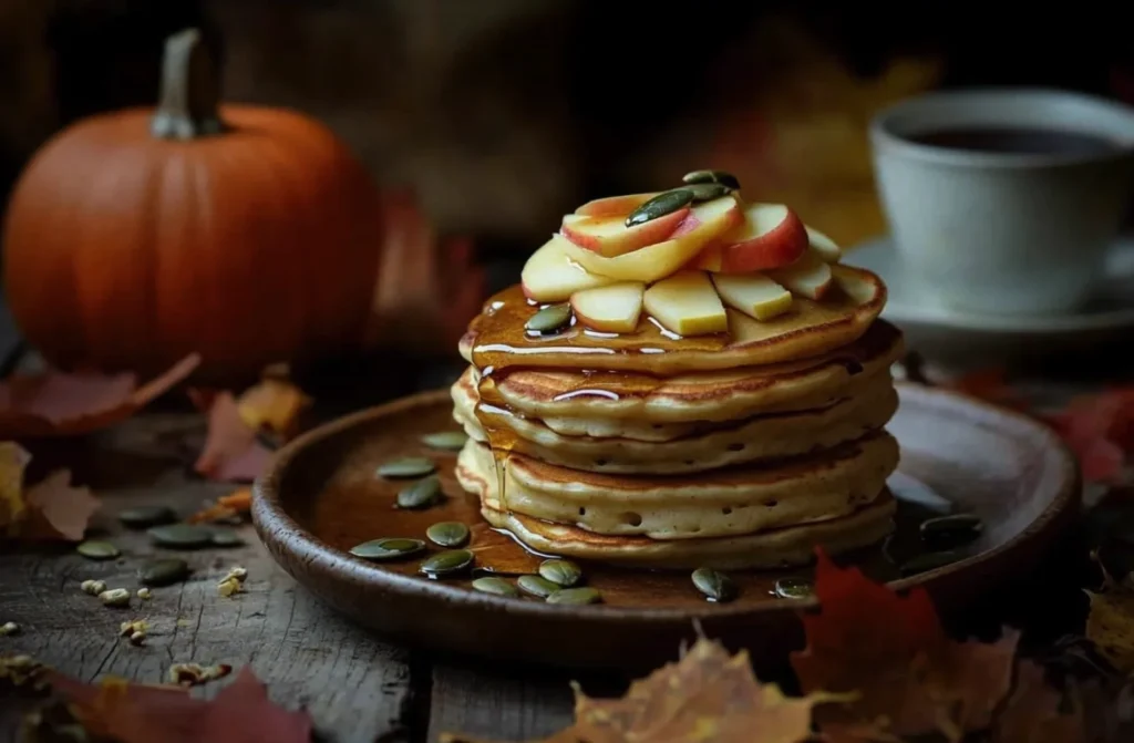 A stack of golden pancakes topped with apple slices, pumpkin seeds, and a drizzle of maple syrup. The scene includes autumn leaves, a small pumpkin, and a warm cup of tea.