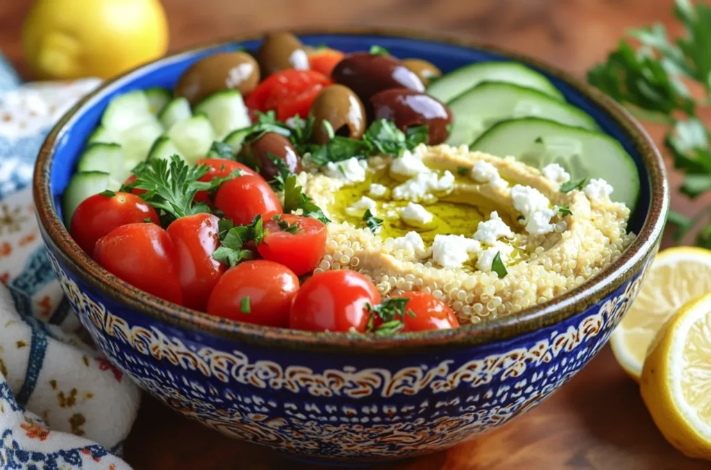 Mediterranean quinoa bowl with fresh vegetables, hummus, and feta cheese.