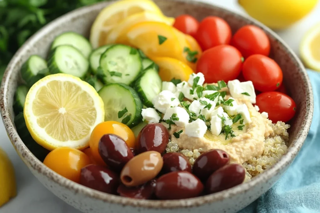 Mediterranean quinoa bowl with fresh vegetables, hummus, and feta cheese.limon