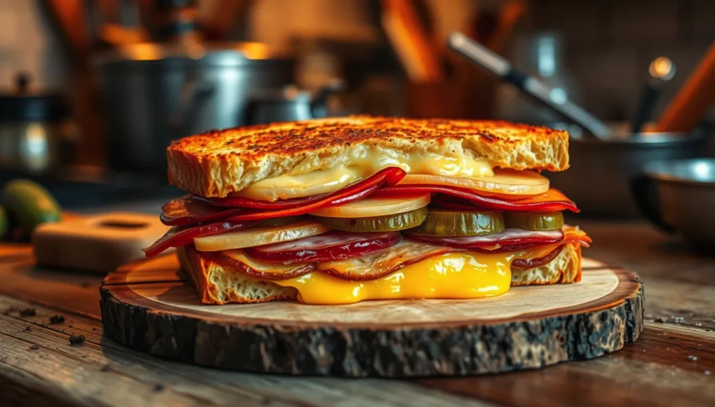 A raclette cheese sandwich, featuring layers of crispy bread,