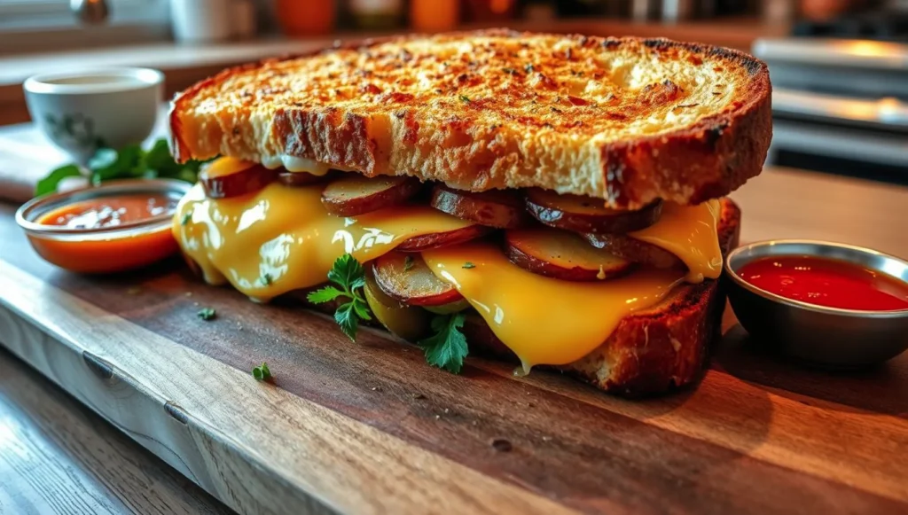 A delicious raclette sandwich featuring melted cheese oozing from crispy toasted bread,